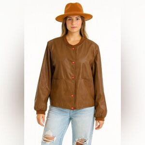 ESCALIER Brown Faux Leather Women's Jacket with orange snap buttons